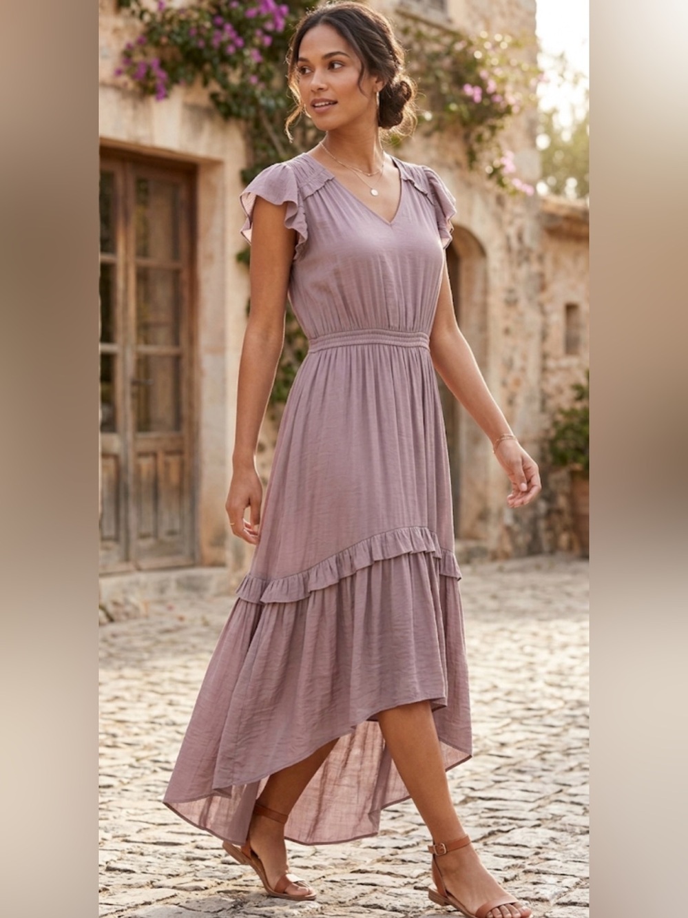 Simply Vera Wang Womens Asymmetrical Flutter Sleeve Smocked Dress